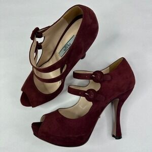 Prada Burgundy Suede Double Strap Mary Jane Peep Toe Platform Heels Size 37.5